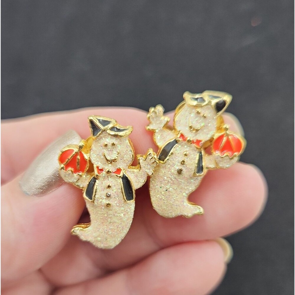 Vintage Halloween Clip On Earrings Ghost Glitter Enamel in Vest with Pumpkin 80s